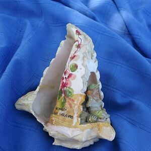 Vintage Hand painted Conch Shell Figurine Boy w/ Horn Scene Diorama Decor